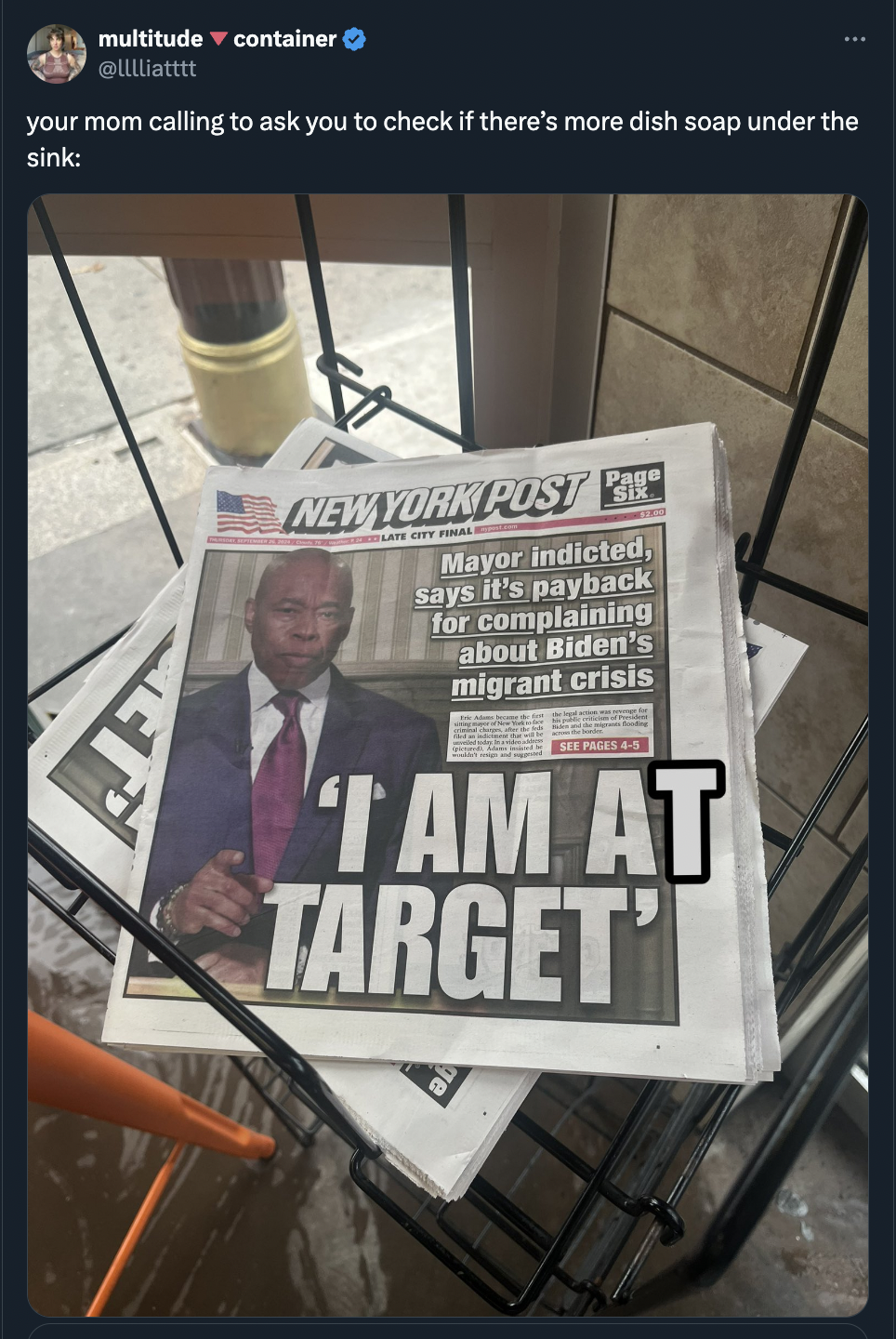 flyer - multitude container your mom calling to ask you to check if there's more dish soap under the sink New York Post Page Mayor indicted, says it's payback for complaining about Biden's migrant crisis Tam At Target'